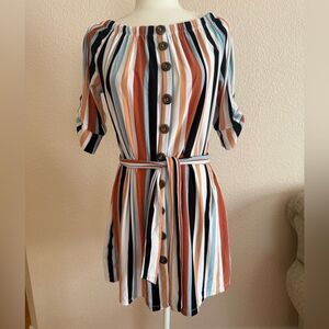 Orange White Stripes Puff Sleeve Mini Sundress